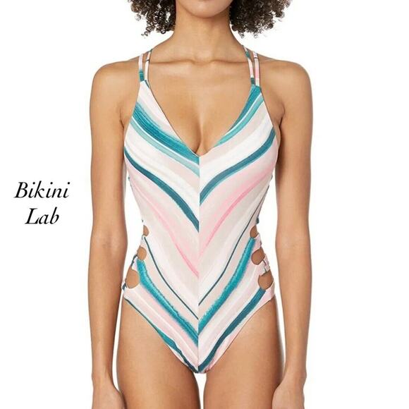 Bikini Lab Women's Striped V-Plunge Side Cut Out One Piece Swimsuit NWT Size XXL - Picture 1 of 7